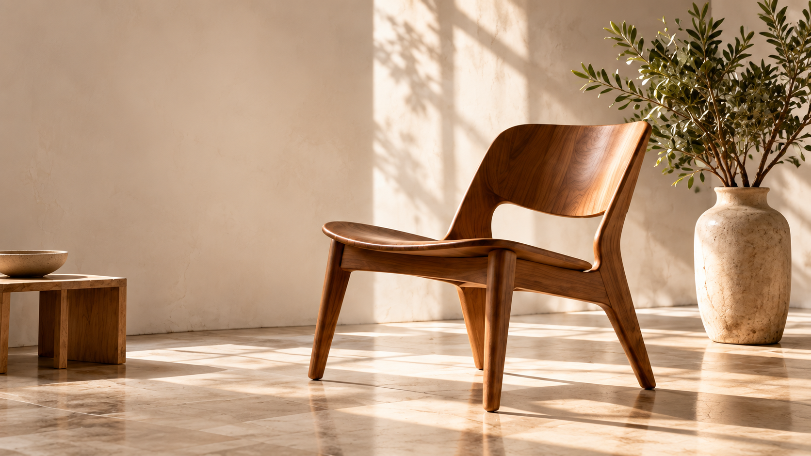 Sculptural oak chair in a sunlit room with an olive branch vase