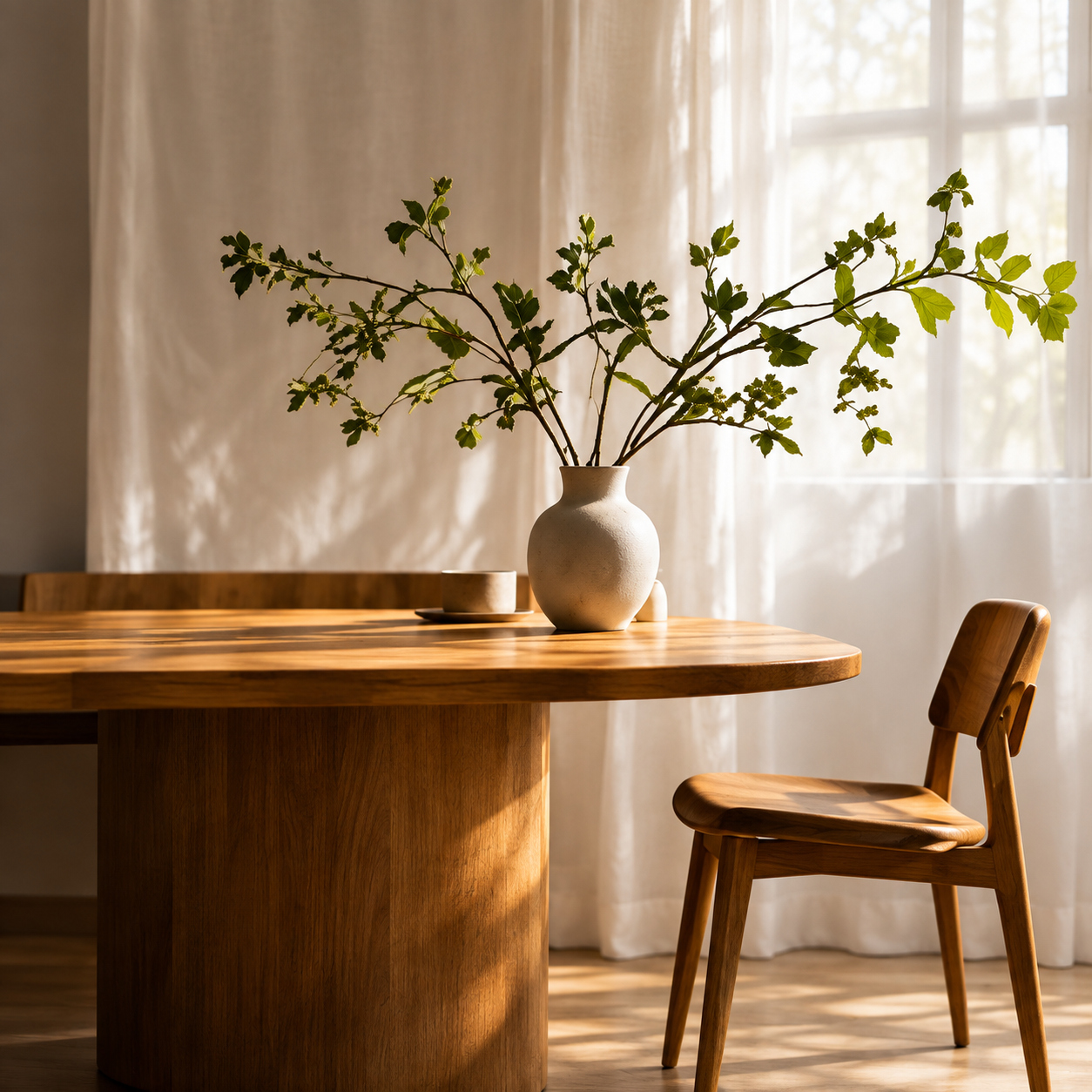 A vase of leafy branches on a warm wooden table in a sunlit interior.