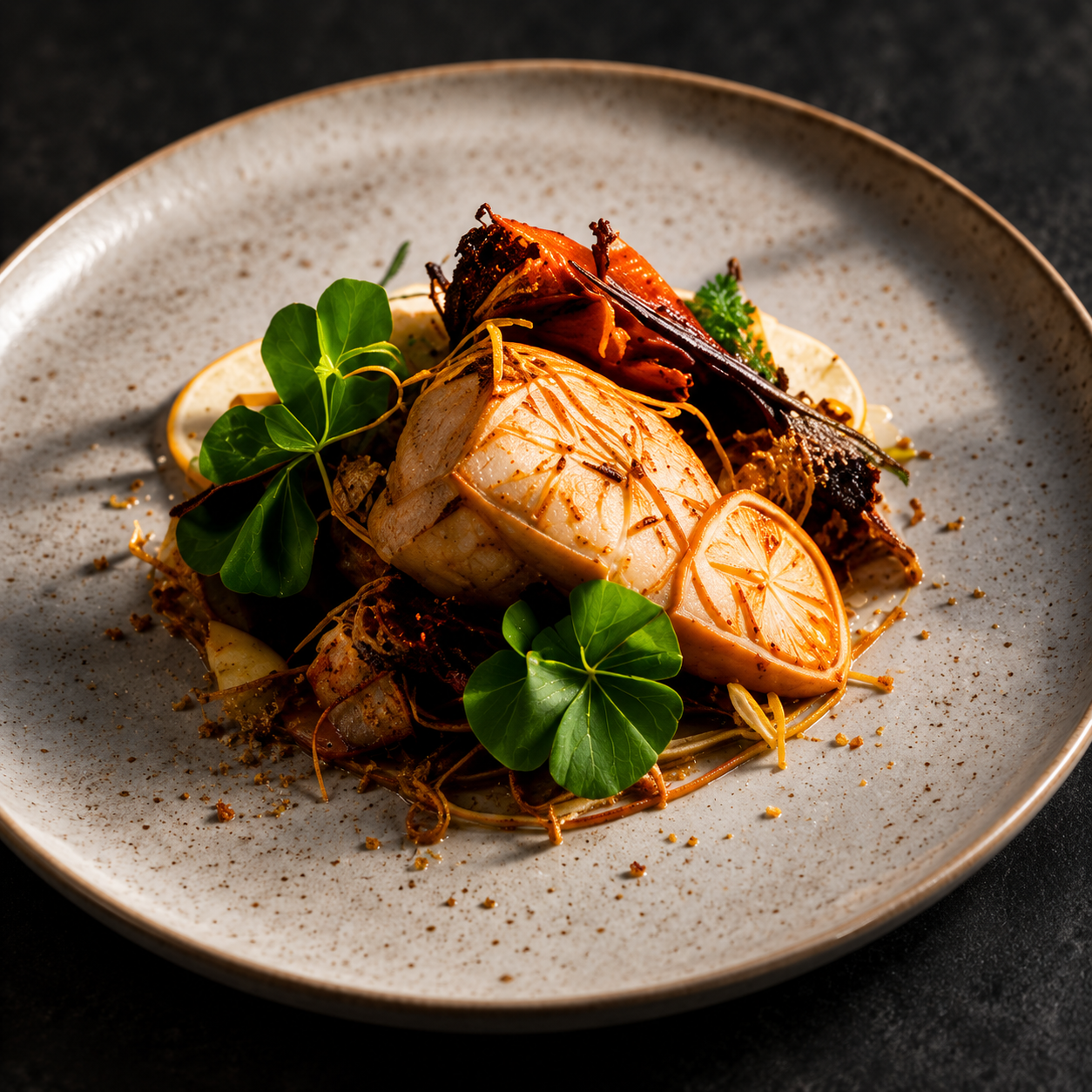 A carefully plated dish on a ceramic plate, with golden pastry and fresh greens.