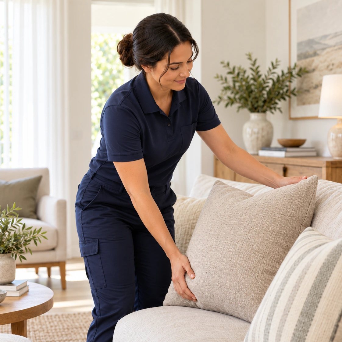 A cleaner arranging cushions on a pale sofa in a bright living room.