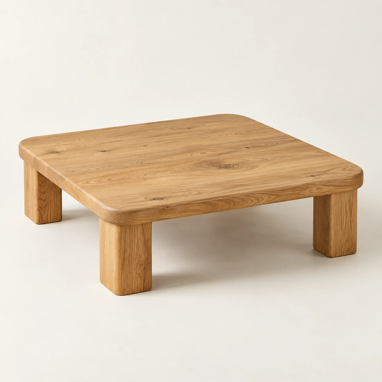 Low table in natural oak, an illustrative concept product on a warm neutral background