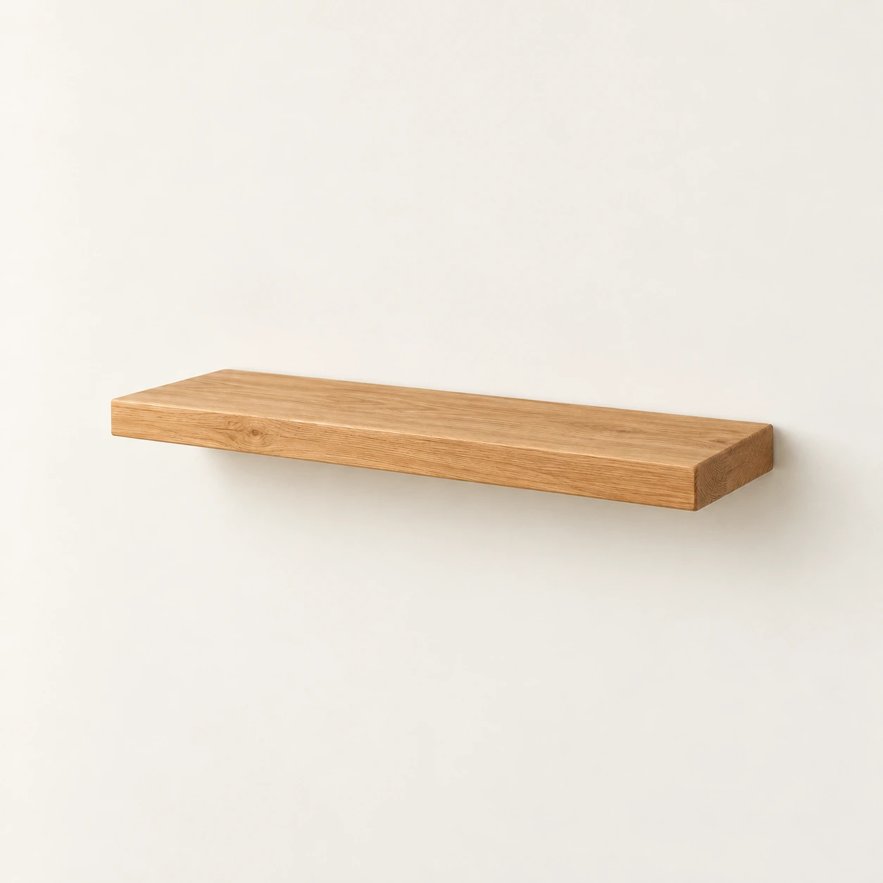 Wall shelf in natural oak, an illustrative concept product on a warm neutral background