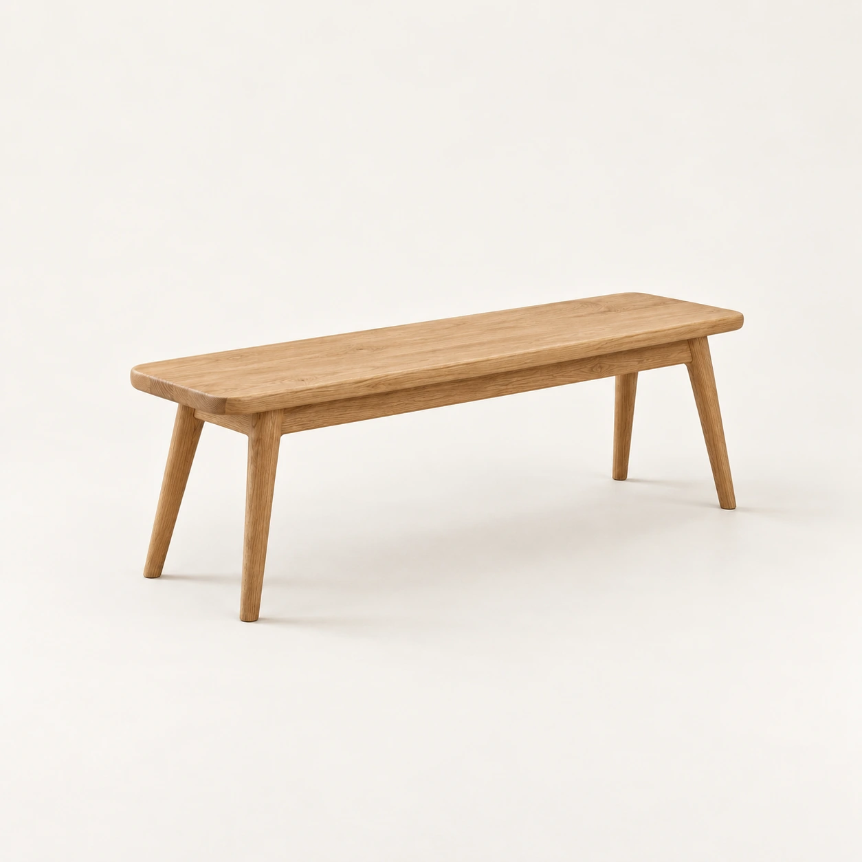 Dining bench in natural oak, an illustrative concept product on a warm neutral background