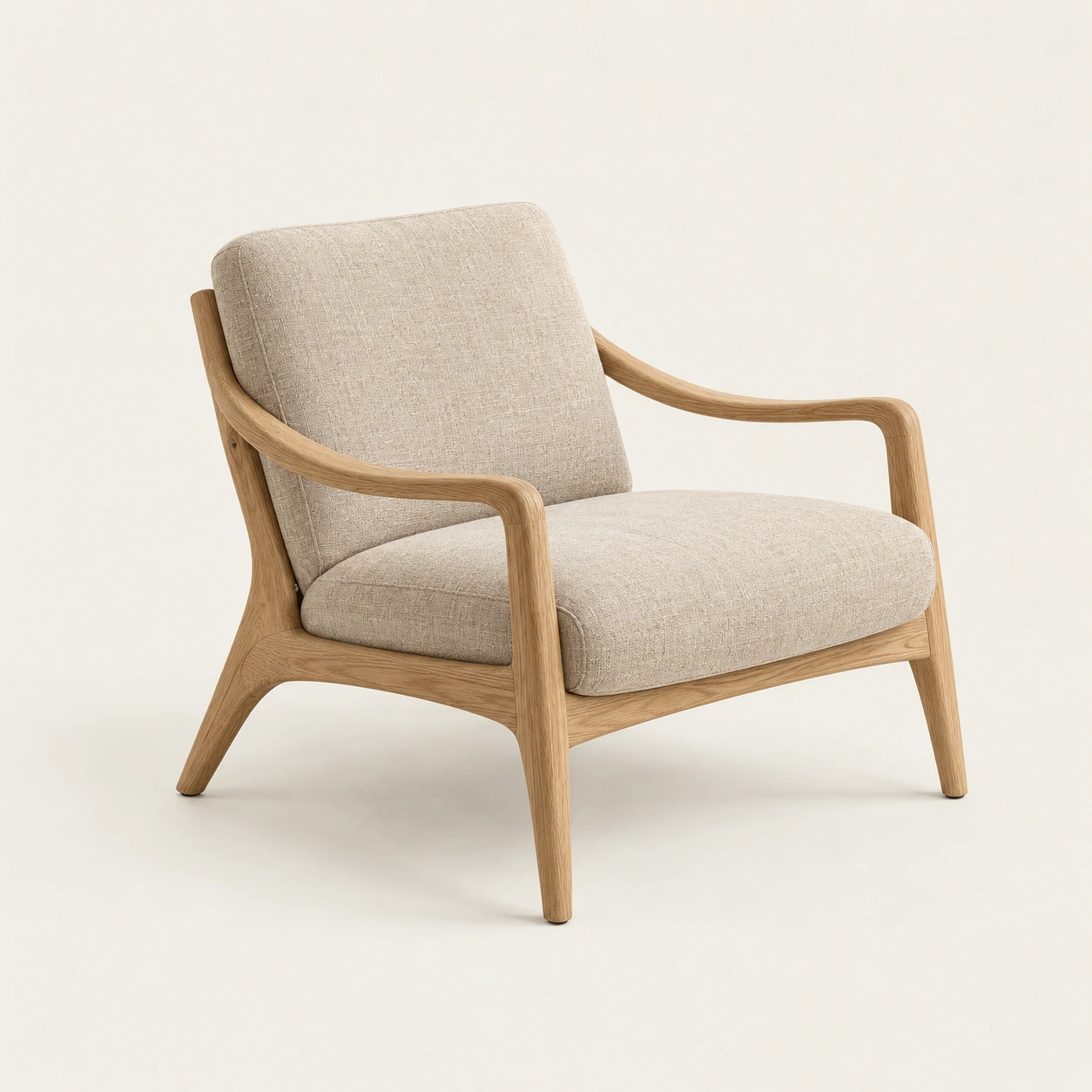 Lounge chair in natural oak / oat, an illustrative concept product on a warm neutral background