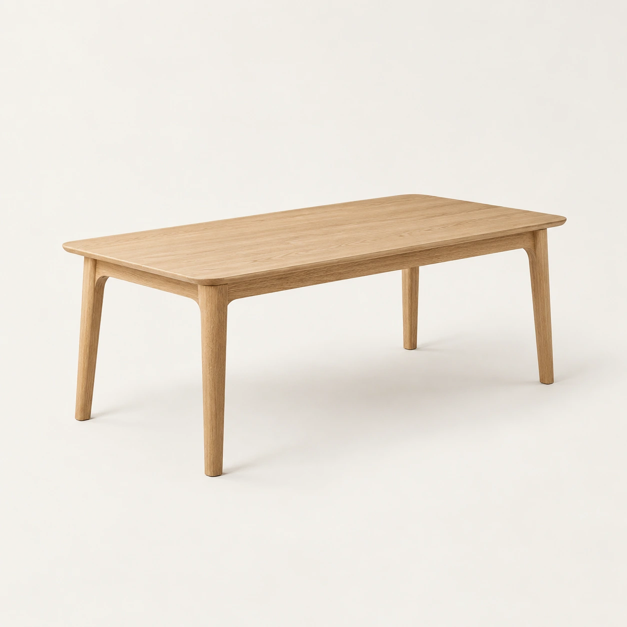 Dining table in natural oak, an illustrative concept product on a warm neutral background