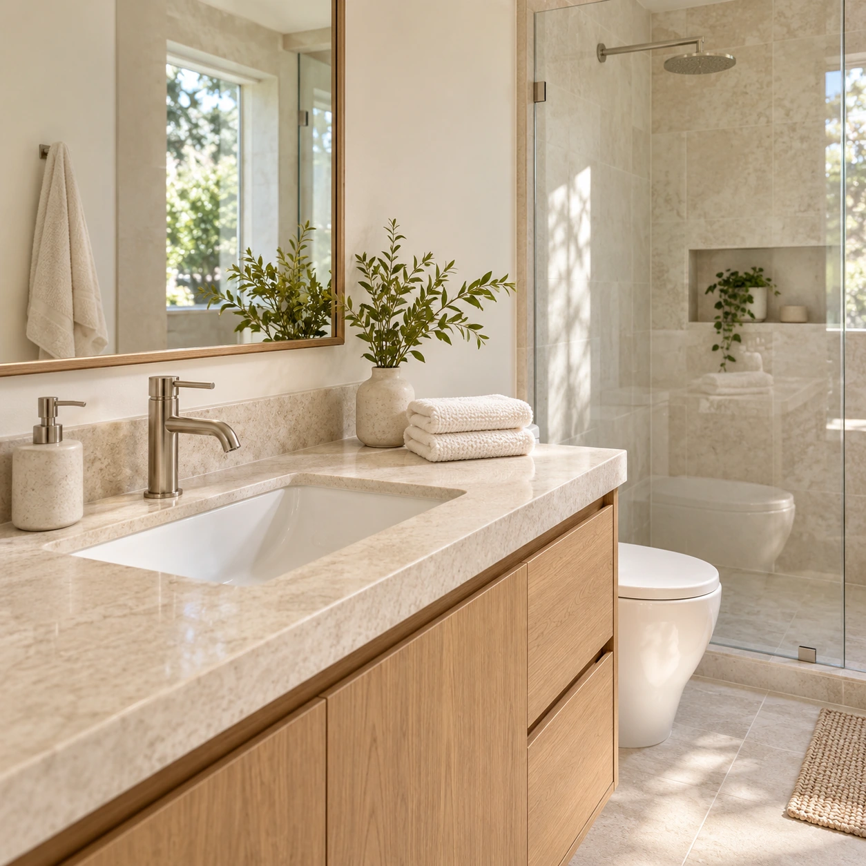 An illustrative detailed bathroom with a stone vanity and glass shower