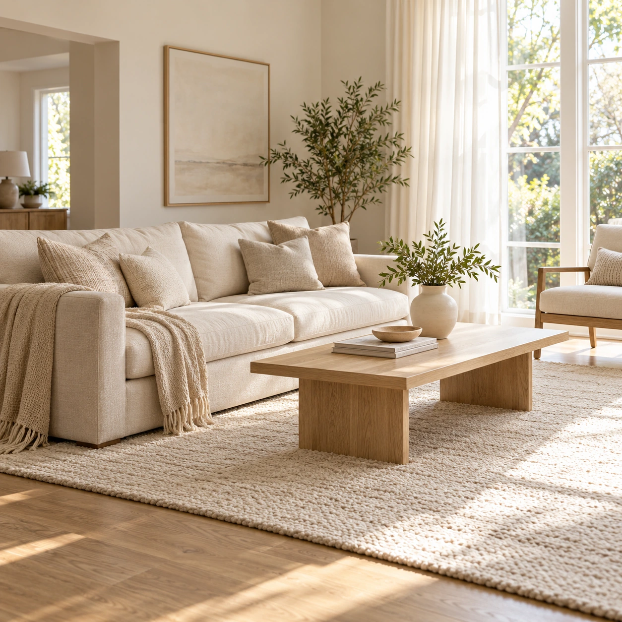 An illustrative bright lounge with clean surfaces and a neutral sofa