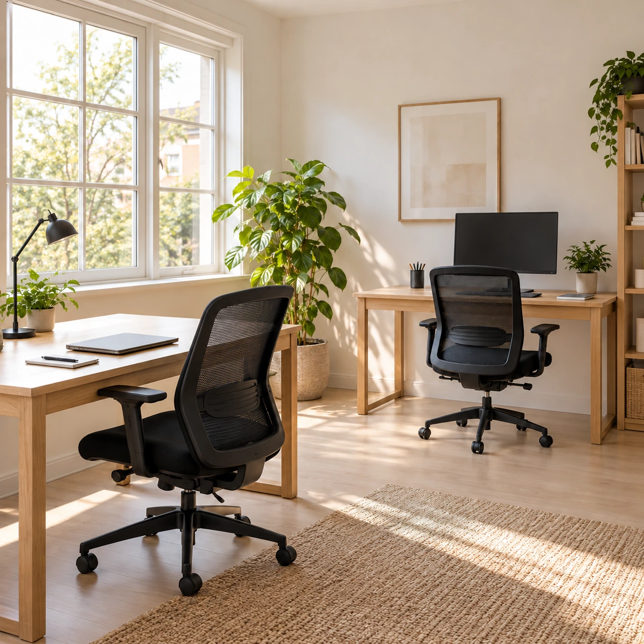 An illustrative tidy workspace with desks, chairs and natural light